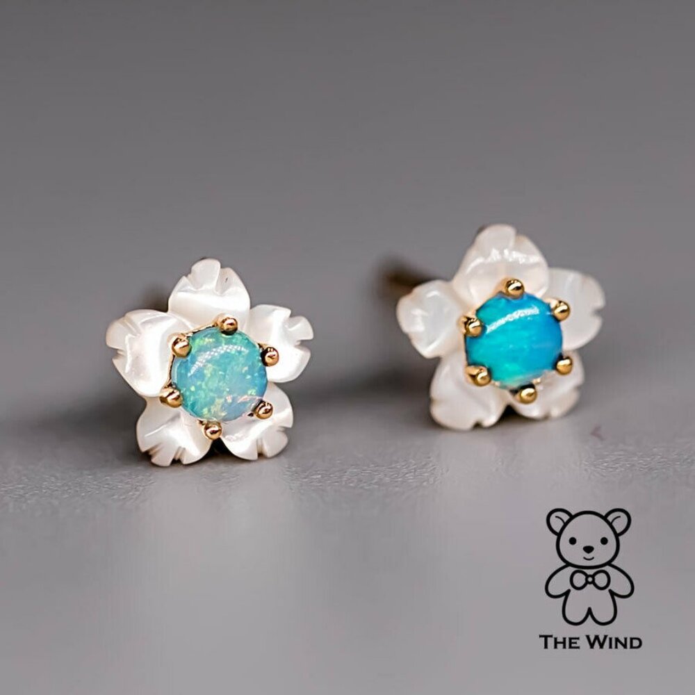 Small Flower Australian Solid Opal & Mother of Pearl Stud Earrings 14K Yellow Go